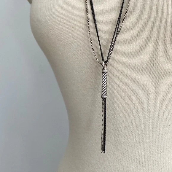 David Yurman Sterling Silver and Black Diamond Tassel Cable Chain Long Necklace - Picture 4 of 15